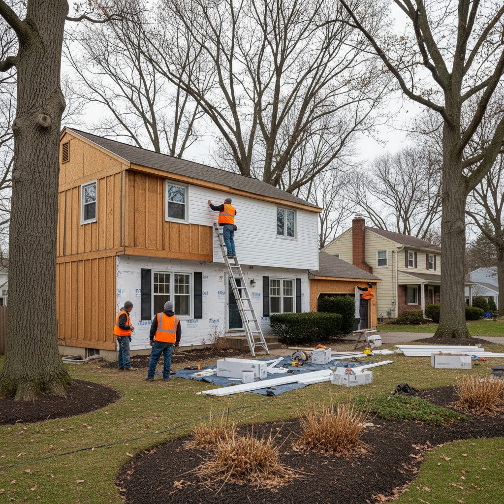 Remodeling crew in hi-vis vests working on a house exterior with a ladder